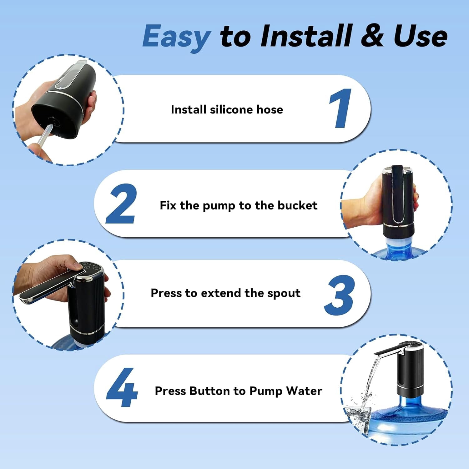 Water Dispenser for 5 Gallon Bottle, Portable USB  Electric Water Pump, Foldable Spout, Water Jug Pump for Camping, , Office