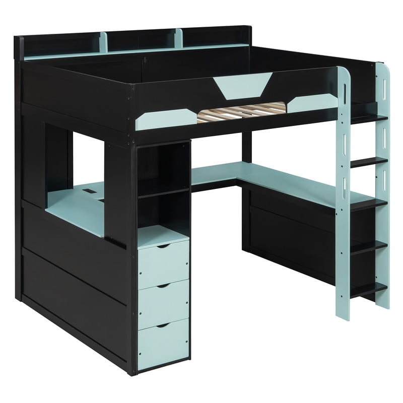 Full Size Gaming Loft Bed with U-Shaped Desk, RGB LED Lights & Charge Station, High Profile Storage Bed Frame with Drawers & Shelves