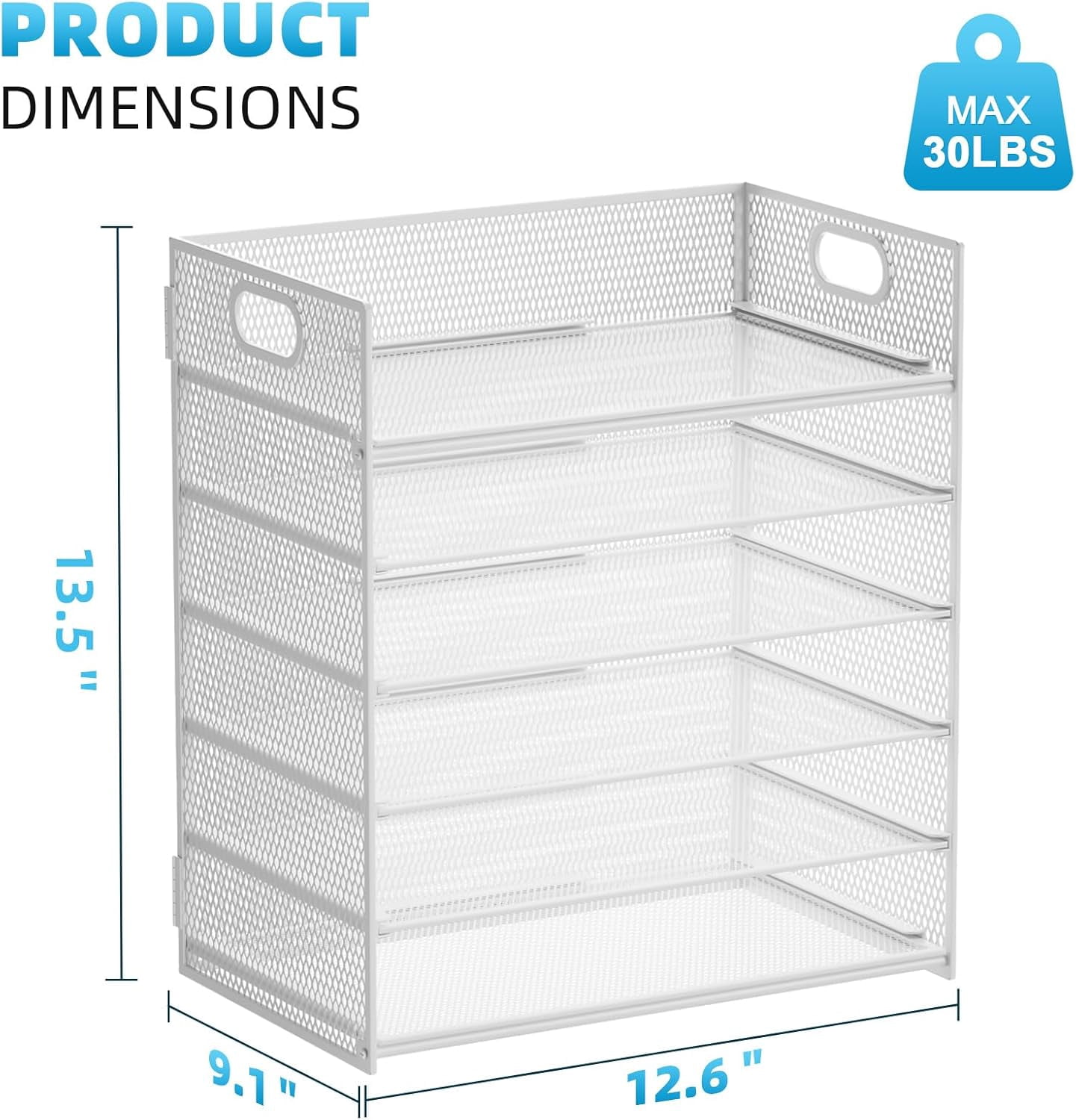 6 Tier Paper Organizer Letter Tray - Mesh Desk File Organizer with Handle, Paper Sorter for Letter/A4 Office File Folder Holder - White
