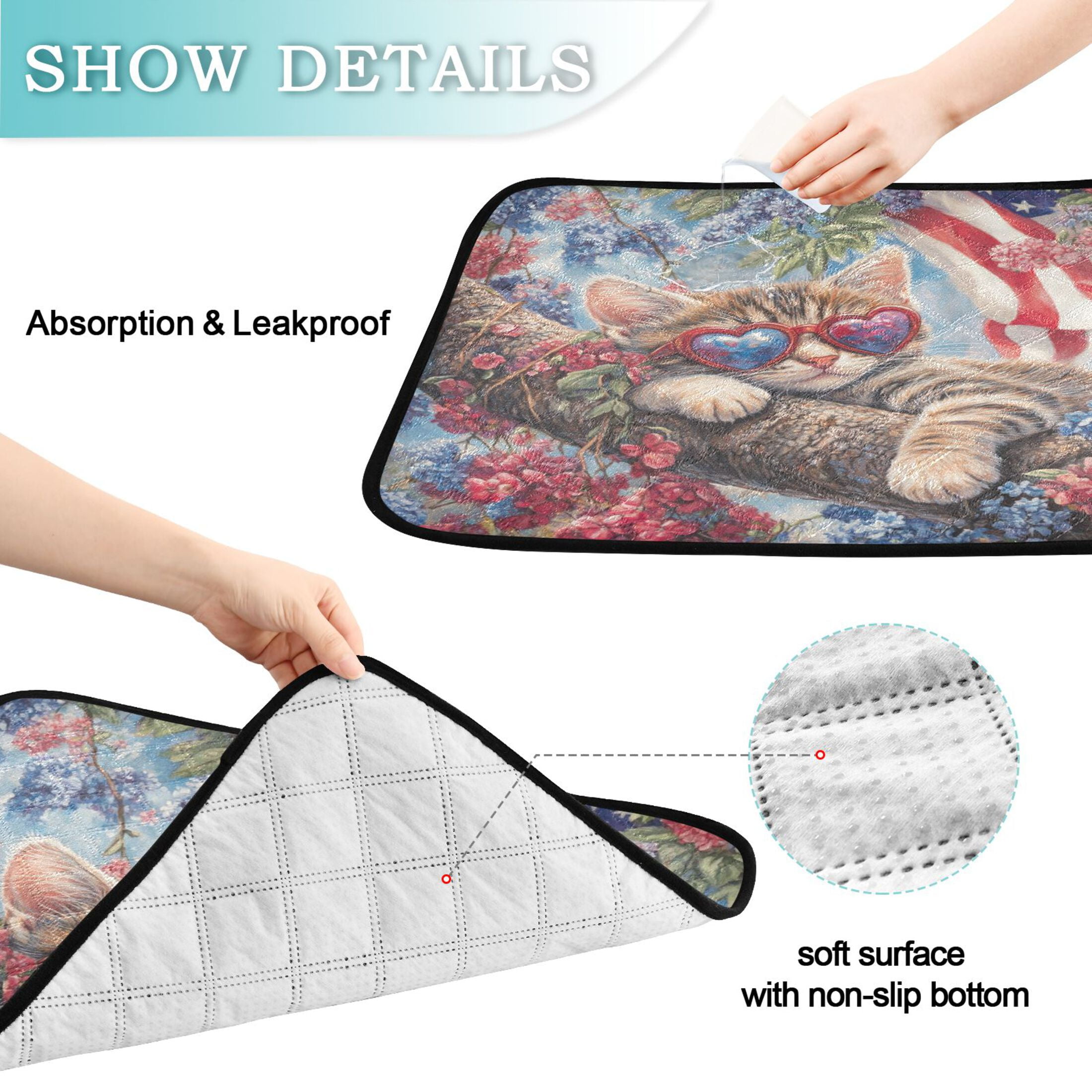 Qxltty 4th Of July Cat Cat litter Pads Pet Set of 2 Diaper Mats Center Anti-leakage Layer Absorbent Soft and Comfortable
