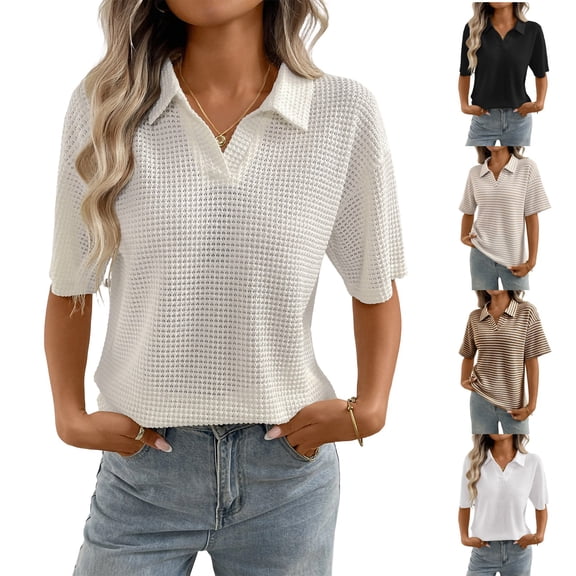 Women's Casual Polo Shirt Waffle Knit Tops V Neck Collared Short Sleeve Soft Breathable Loose Fit Shirts for Daily Wear, #01 Beige, L