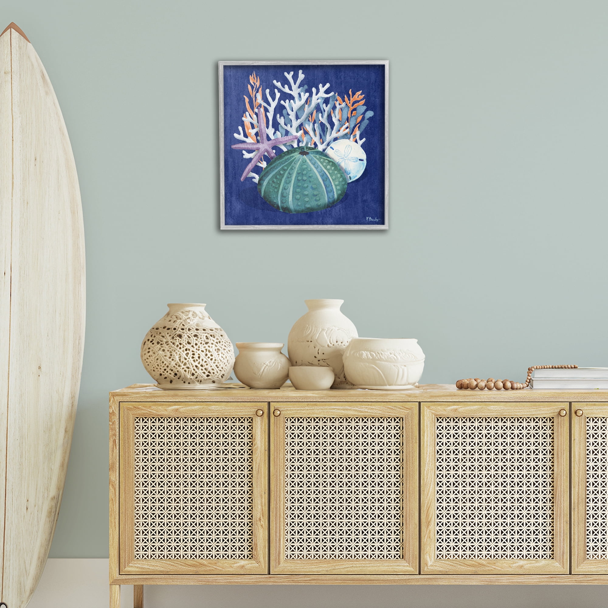 Stupell Industries Monterey Urchin & Coral Coastal Painting Gray Framed Art Print Wall Art, 24 x 24