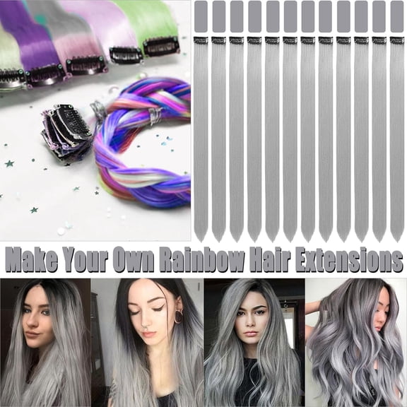 WEIF-12 PCS Grey Hair Extensions Clip in, 22 Inch Colored Hair Extensions Party Highlights Long Straight Synthetic Hairpieces for Women Kids Girls Cosplay