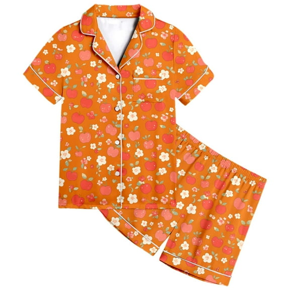 Girl Silk Pajamas Set,Cute Apple Pattern Pajamas Button Down Homewear Set 2 Piece Tween Nightgown Pjs For Girls Size 12-13 Years