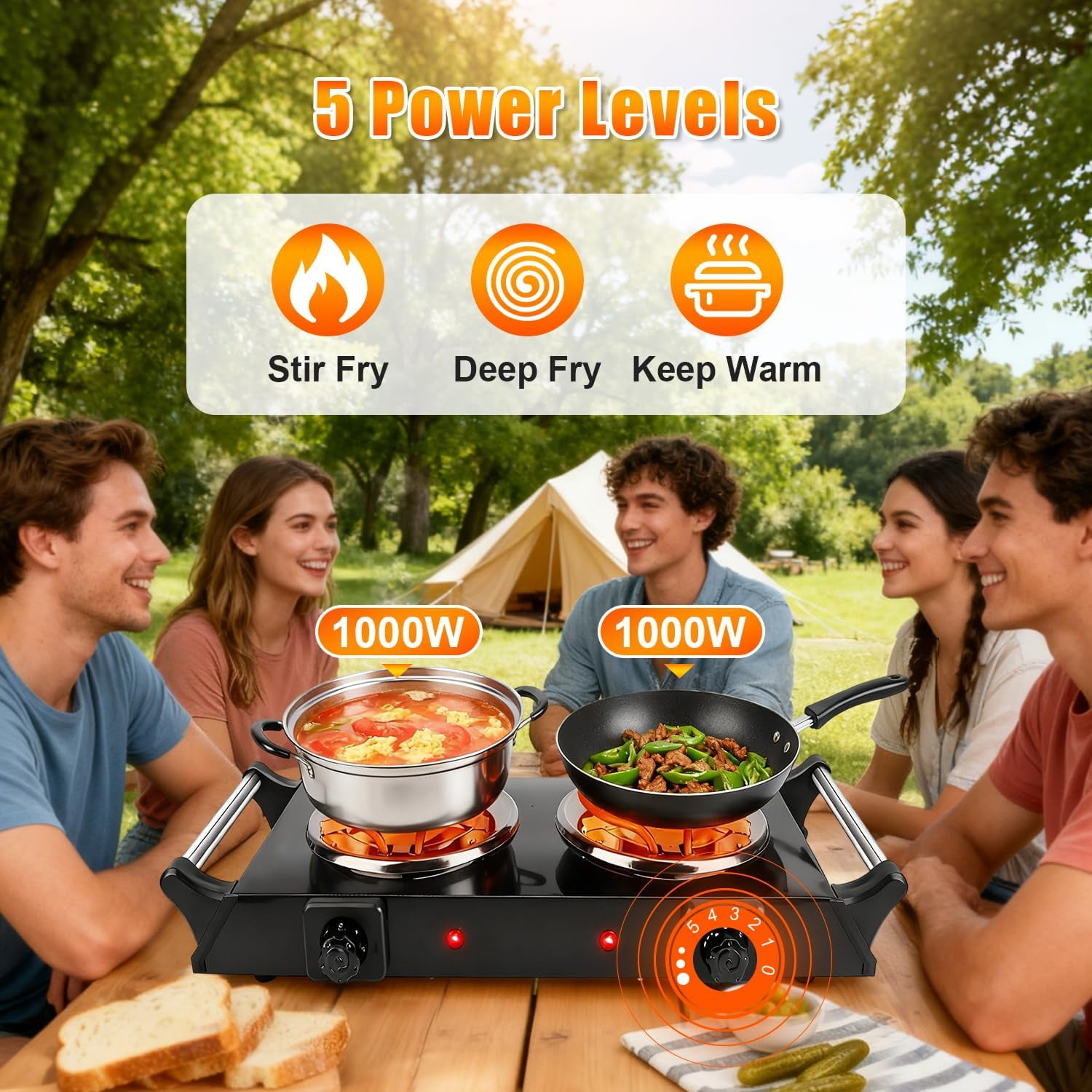 Double Hot Plate, 2000W Portable Countertop Burner & Electric Stove, 5-Level Temp, Portable Handle, Cast Iron Double Burner Cooktop for Home/RV/Camping (Black)