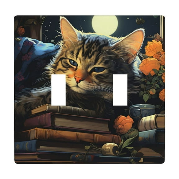 2 Gang Double Toggle Wall Plate Light Switch Cover Wallplate - Cat Sleeping Bookshelf Books art