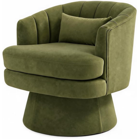 360° Swivel Velvet Barrel Accent Chair with Lumbar Pillow, Upholstered Round Armchair with Pedestal Base for Living Room, Bedroom, Office,Green