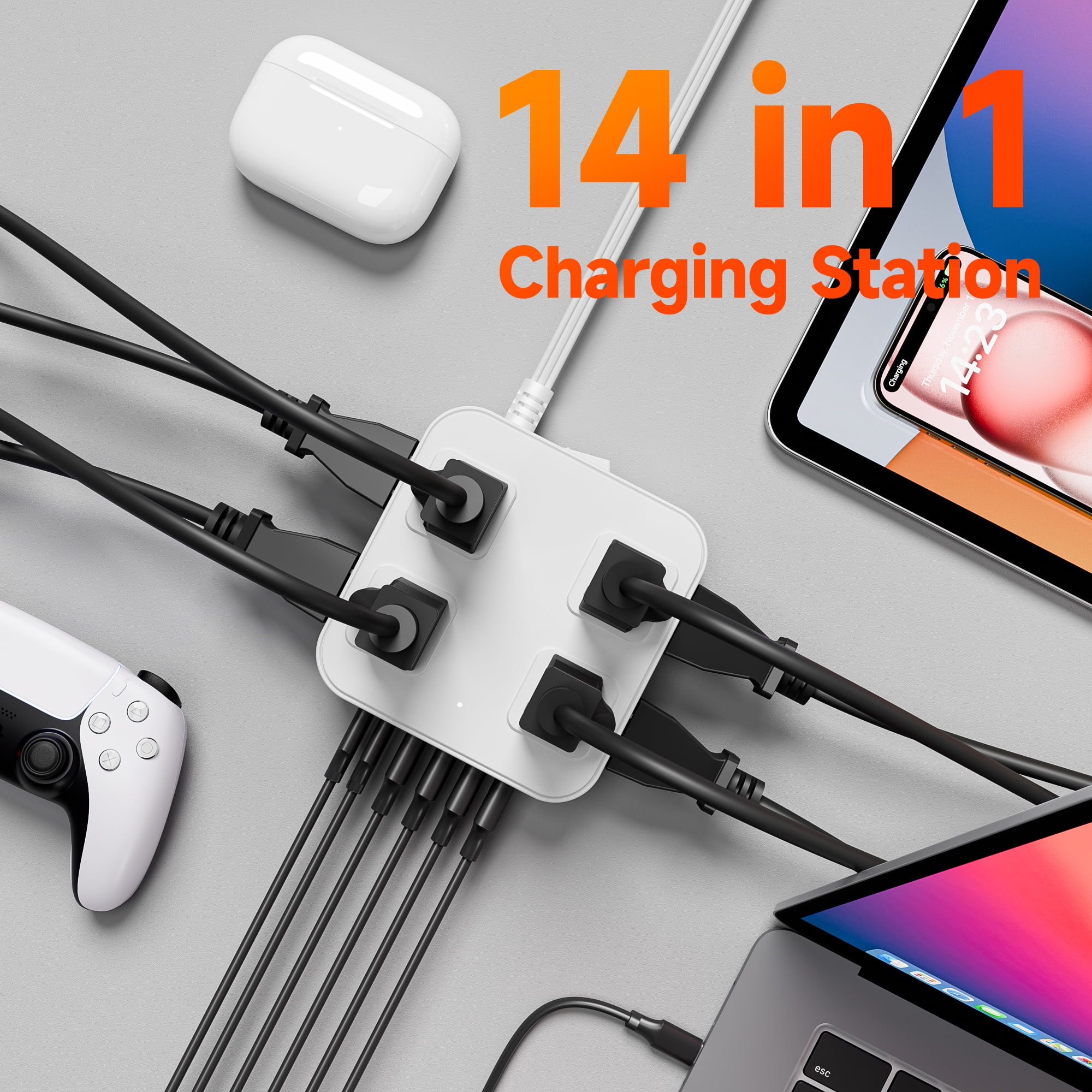 USB Charging Strip - 8 AC Outlets Extender 6 Fast-Charging USB Ports Heavy-Duty US Standard Socket with Extension Cable Multi-Device Charger Station for Office Home Travel（White）
