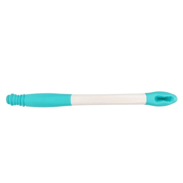 limpiador de inodoro buyweek con asistencia automática multifuncional varilla ergonómica blanca y turquesa con punta de goma ranurada que sujeta papel higiénico y mango acanalado, vista horizontal frontal; suele usarse también para ayudar a la higiene personal de personas con movilidad reducida.