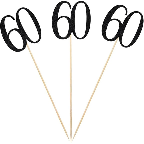 Black Glitter 60th Birthday Centerpiece Sticks, 12-Pack Number 60 Table Topper Anniversary Party Decorations