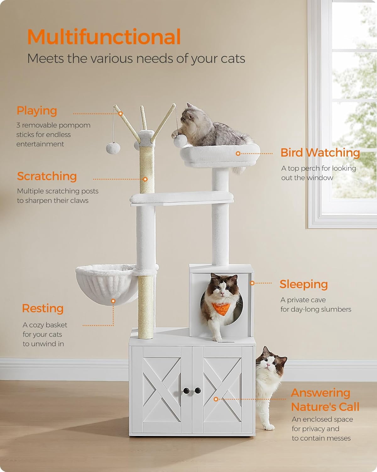 Favory Cat Tree with Litter Box Enclosure, 59-Inch Modern Cat Tower, 2-in-1 Condo with Scratching Posts, Washable Removable Cushion, Cloud White UPCT113W01