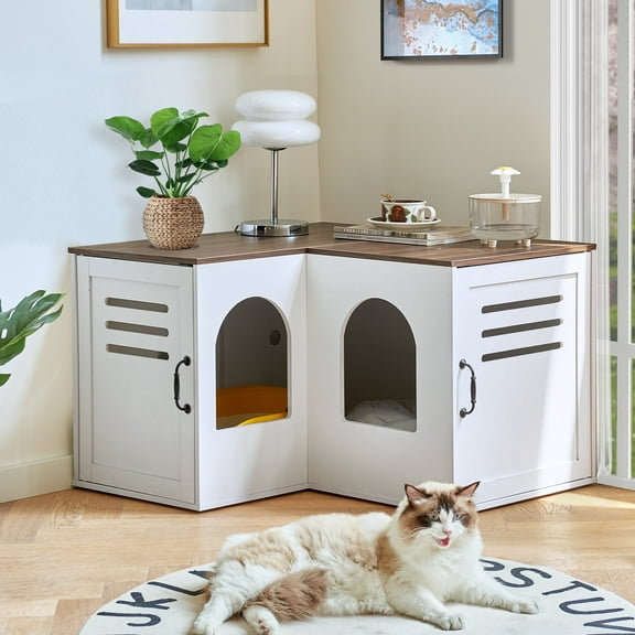 JanflyHome Litter Box Enclosure Furniture, Farmhouse Corner Cat Litter Box Enclosure for 2 Cats with 2 Silicone Food Bowls, White