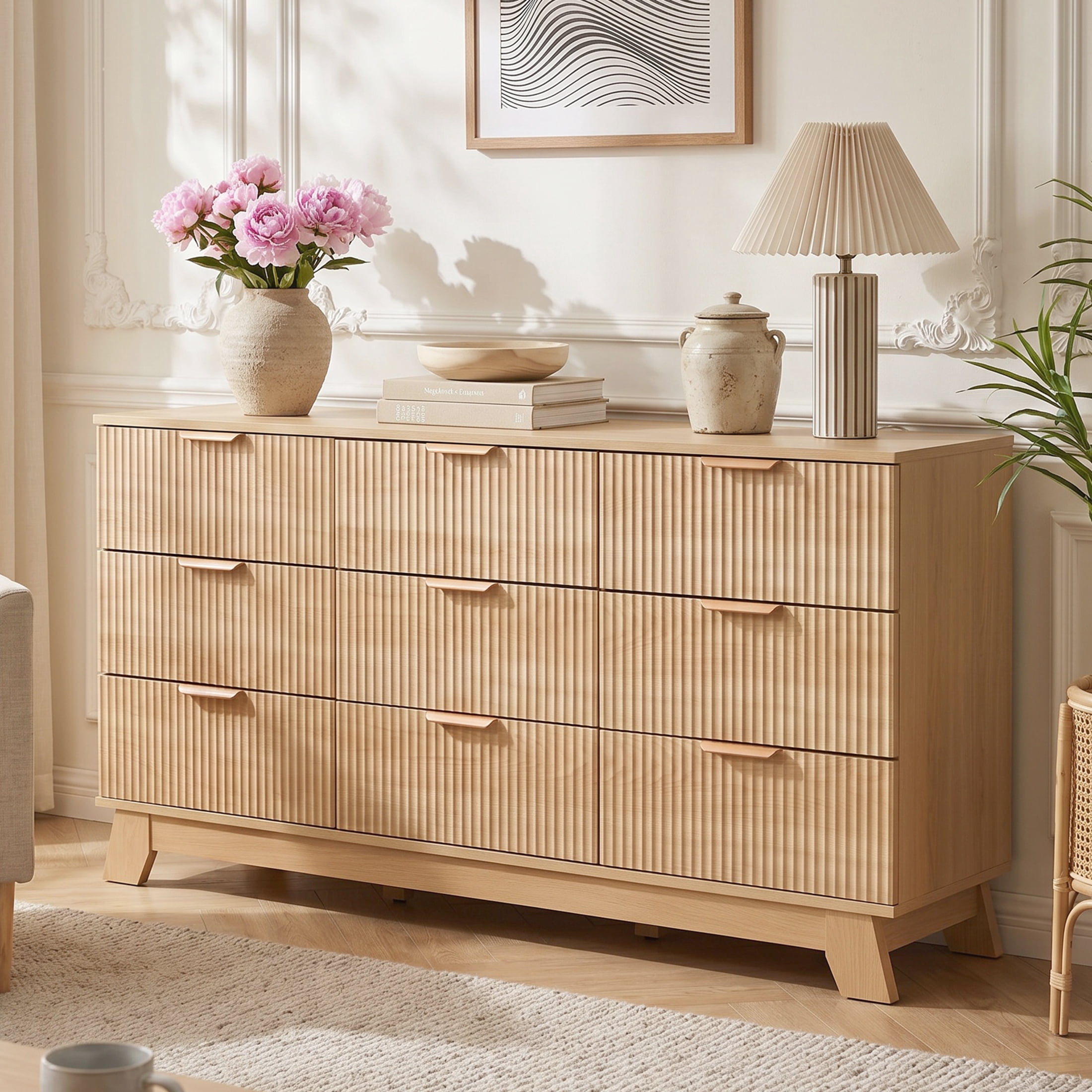 Gianna Fluted Dresser, 9 Drawer Dresser, Modern Wooden Chest of Drawers with Heightened Legs for Bedroom, Natural Wood