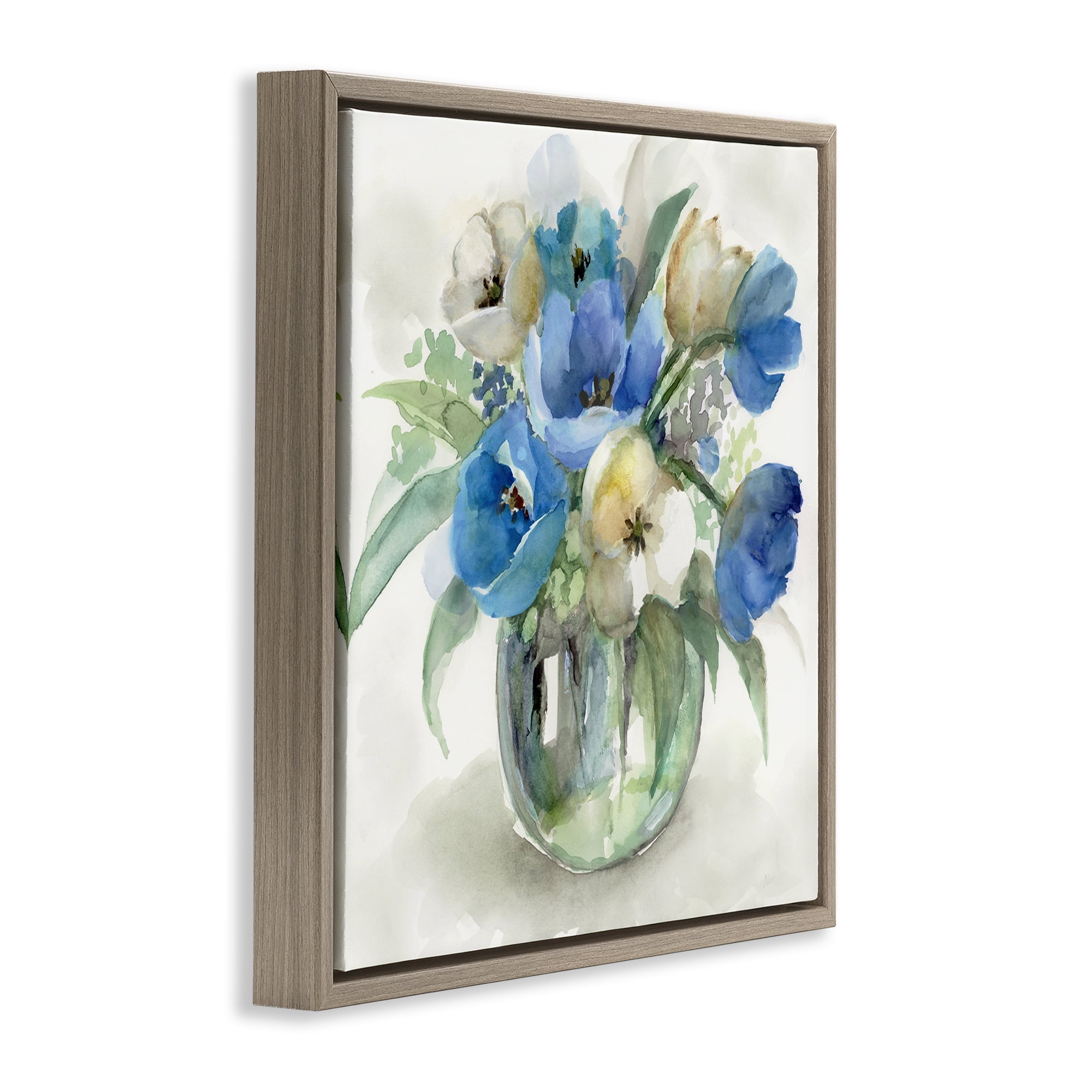 Stupell Industries Blue Tinted Flower Pot Brown Framed Floater Canvas Wall Art, design by Nan