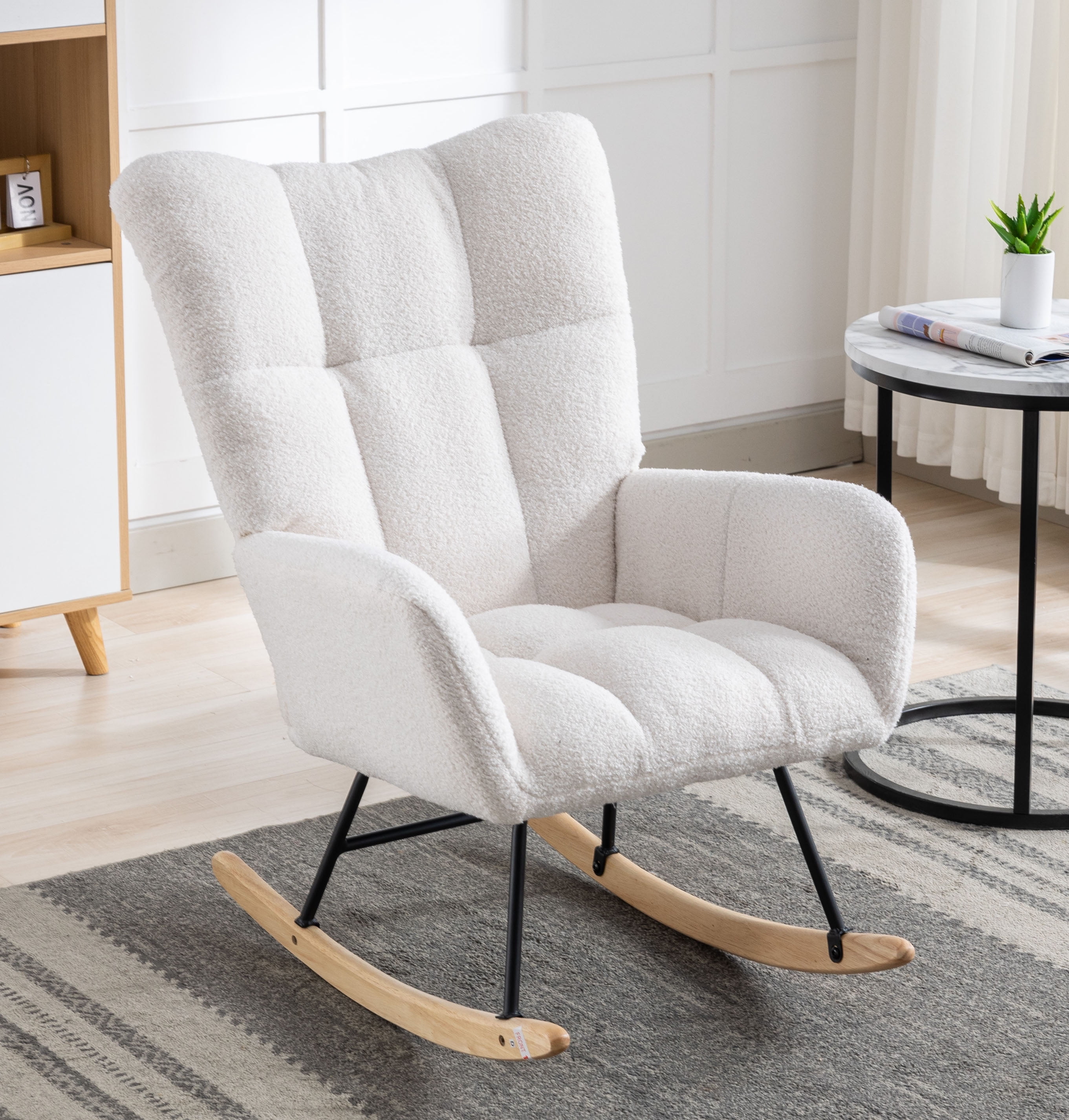 Clipeyh Wooden Wingback Glider Lounge Chair White with Cushion for
