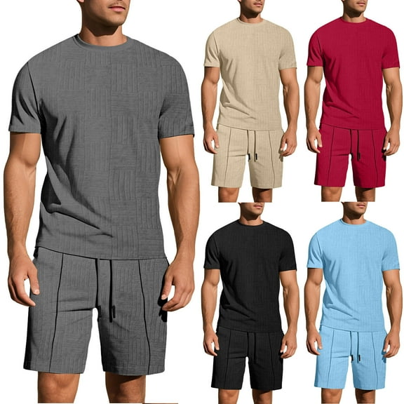 Swuxness Mens Short Sleeve Pajama 2 Piece Sets, Men's Short Pants Set, Men's Solid Color Crew Neck Pullover T-Shirt Elastic Waist Pocketed Comfortable Pajamas Set Sky Blue, S