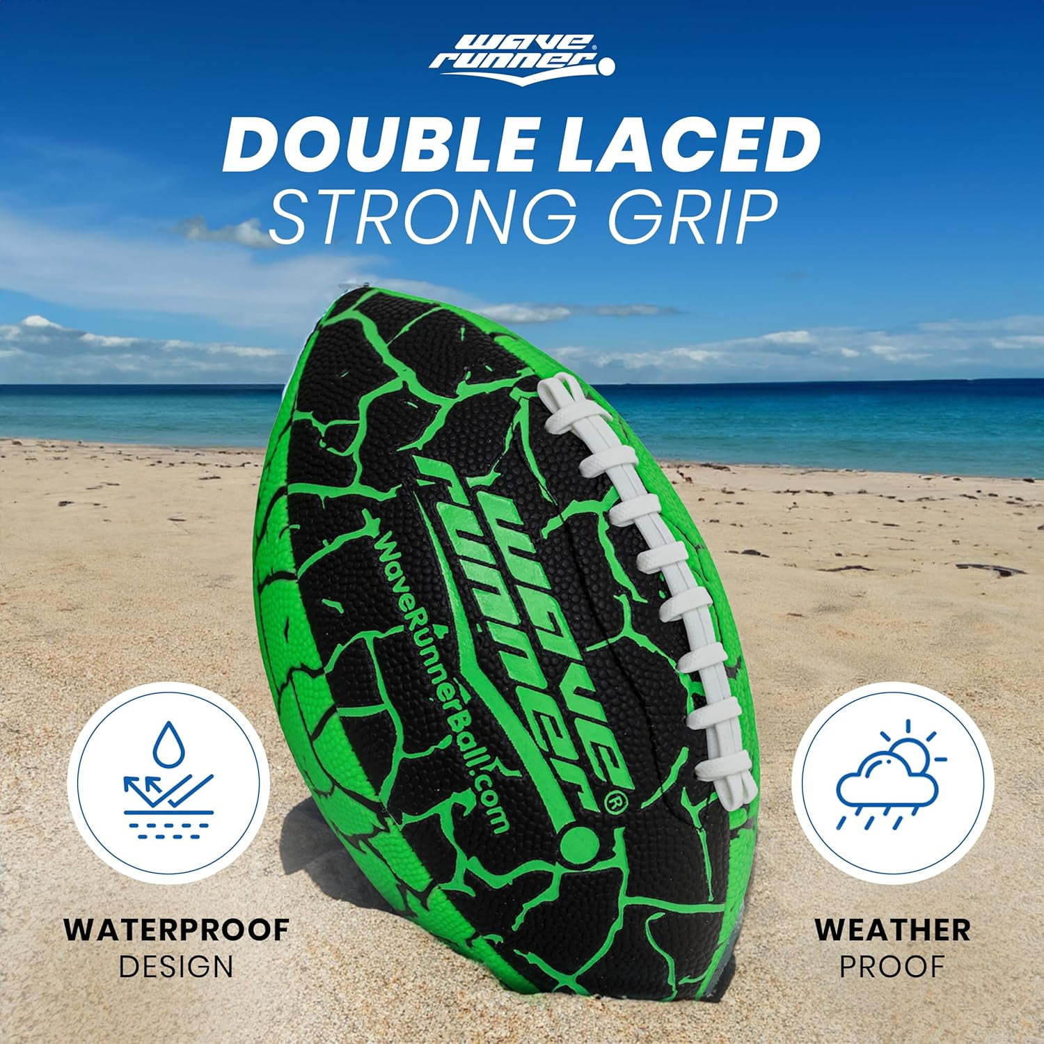 Wave Runner Grip It Waterproof Junior Size Football, 9.25-Inch, Durable Double-Laced, Ideal for Beach, Pool, and Outdoor Games Multicolor