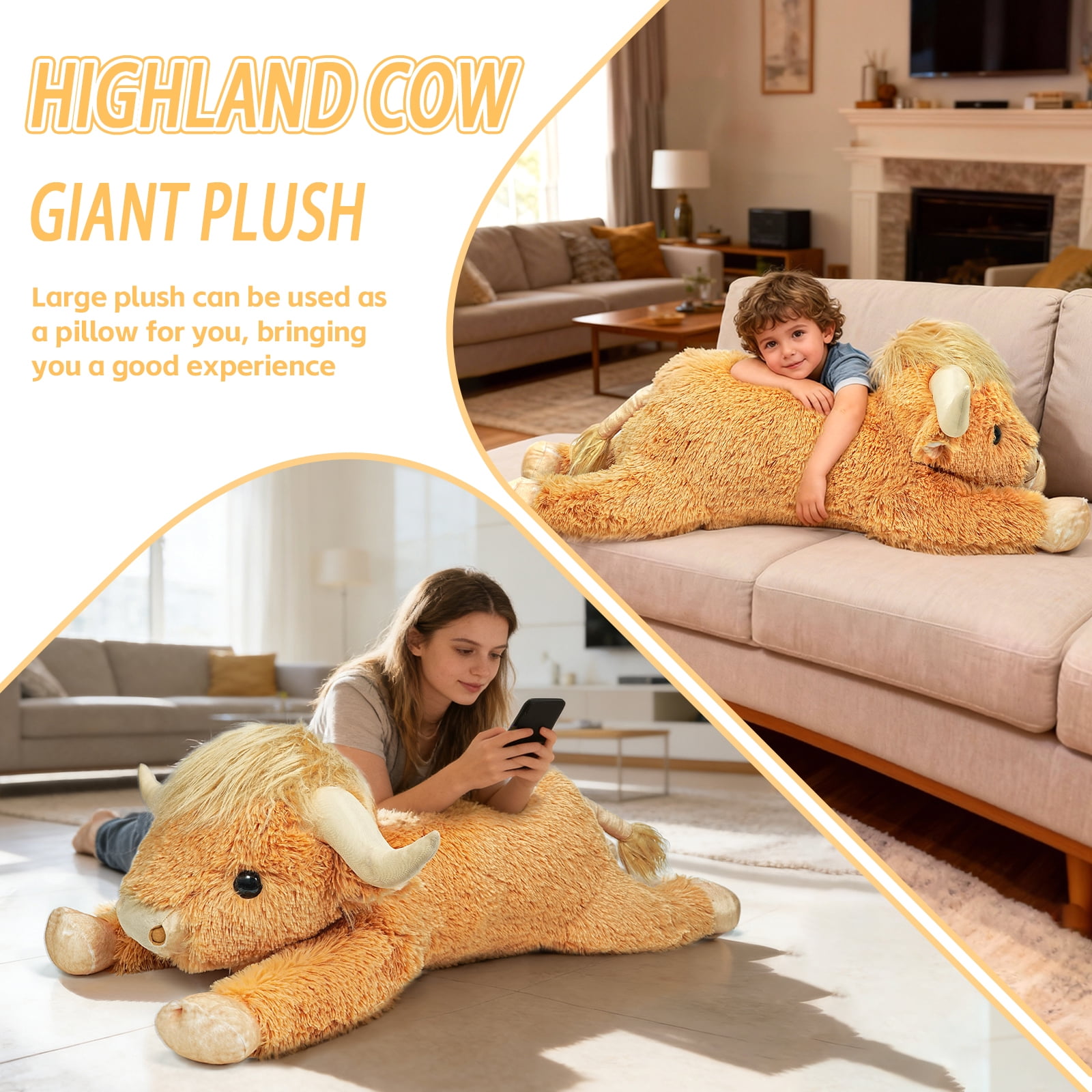 Giant Highland Cow Stuffed Animal 38" Yellow Plush Cow, Soft Giant Cow Pillow for Kids and Adults
