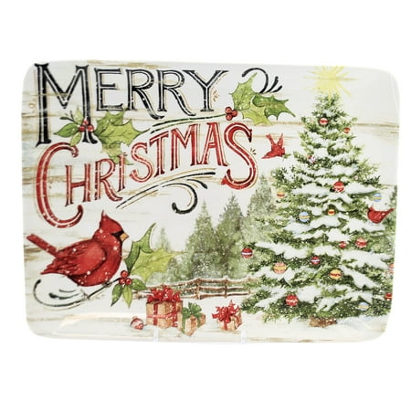 

Tabletop Evergreen Christmas Platter. Earthenware Cardinal Tree Winter 28353