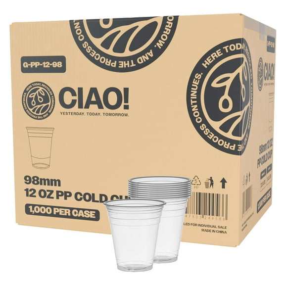 CIAO! 12OZ PP Plastic Cold Drink Cup, Desinged for Heat Seal Films, Great for Smoothies, Iced Coffee, Boba and Cold Drinks, 98mm (Case of 1,000)