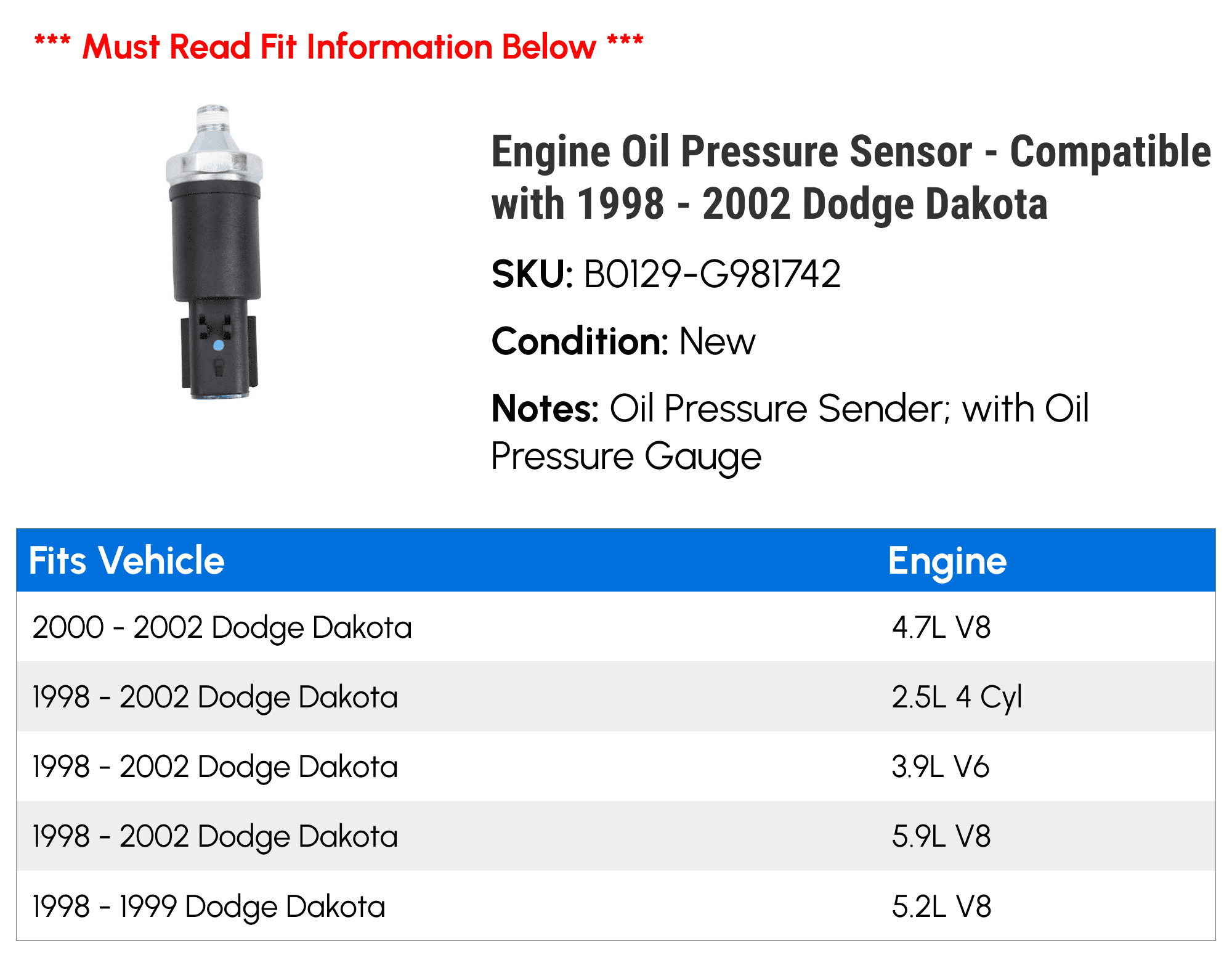 Engine Oil Pressure Sensor - Compatible with 1998 - 2002 Dodge Dakota 1999 2000 2001