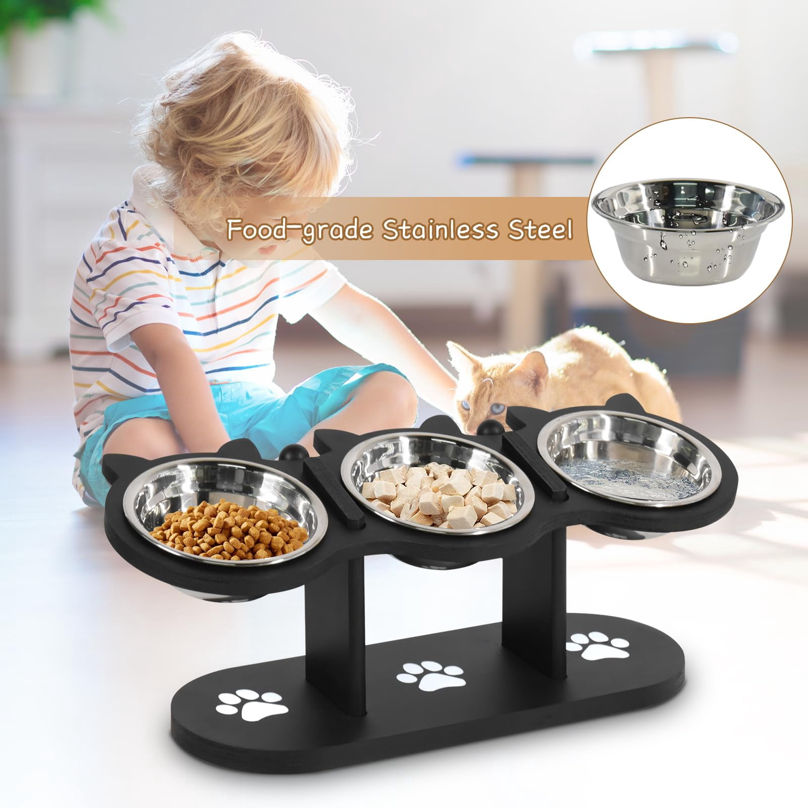 Adjustable Elevated Cat Bowls - 3 Stainless Steel 17° Tilted Pet Bowls with Black Stand for Indoor Cats/Small Dogs-Black