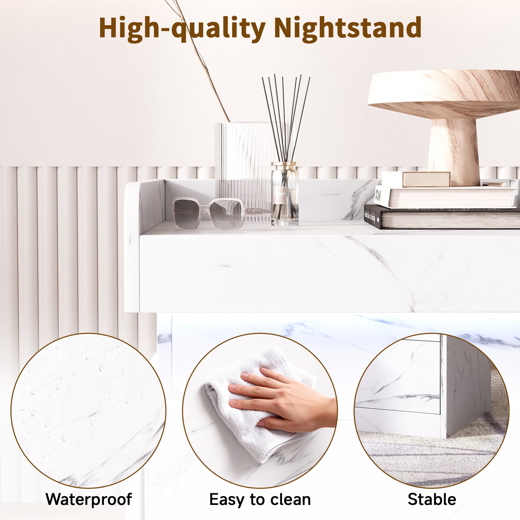 NEGYLIM Bedside Table, Nightstand with Multi-Color LED Light Strip, Quiet Drawers, 3 Drawers, Small Space Solution, Bedroom End Tables, White