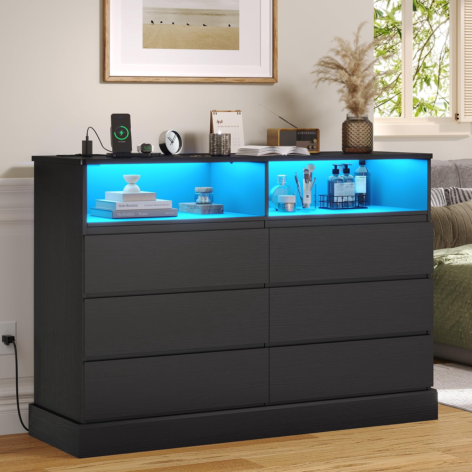 6 Drawer Dresser for Bedroom with LED Lights and Charging Station, Large Chest of Drawers for Bedroom Living Room, Black