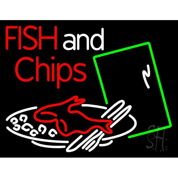 Fish and Chips Dish LED Neon Sign 15 x 19 - inches, Clear Edge Cut Acrylic Backing, with Dimmer - Bright and Premium built indoor LED Neon Sign for restaurant window and interior decor.
