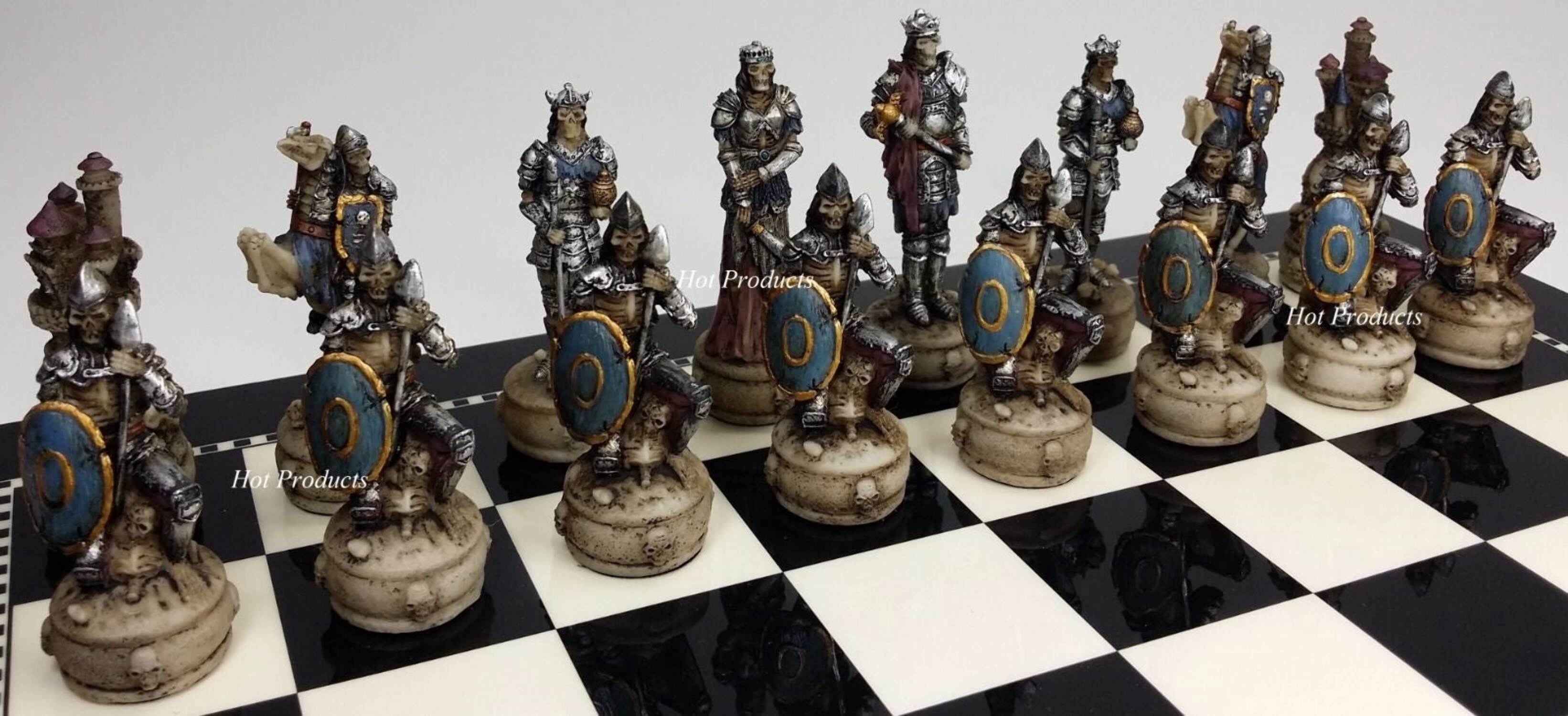 Medieval Times Skeleton Slayer Gothic Skull Chess Set W/ 15" BLACK  WHITE Board