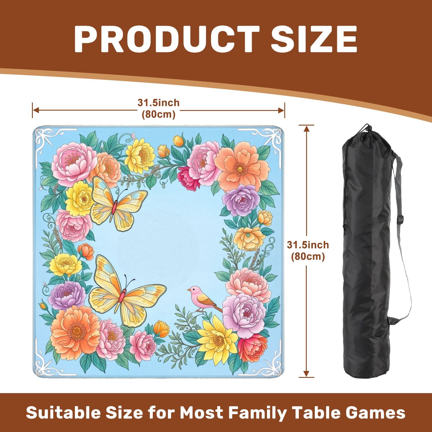 Mahjong Mat 31.5" x 31.5" Floral Butterfly Bird Pastel Flowers Elegant Design Non-Slip Noise Reduction American Mahjong Tiles Table Cover for Dominoes Poker Card Board Games Gift