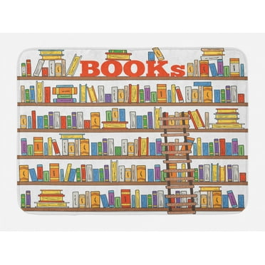 Modern Bath Mat, Library Bookshelf with A Ladder School Education Campus Life Caricature Illustration, Non-Slip Plush Mat Bathroom Kitchen Laundry Room Decor, 29.5 X 17.5 Inches, Multicolor, Ambesonne
