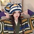 thumbnail image 3 of Pig Ear Decor  Dome Elastic Knitting Hat Women Winter Striped Print Riding Beanie Cap, 3 of 10