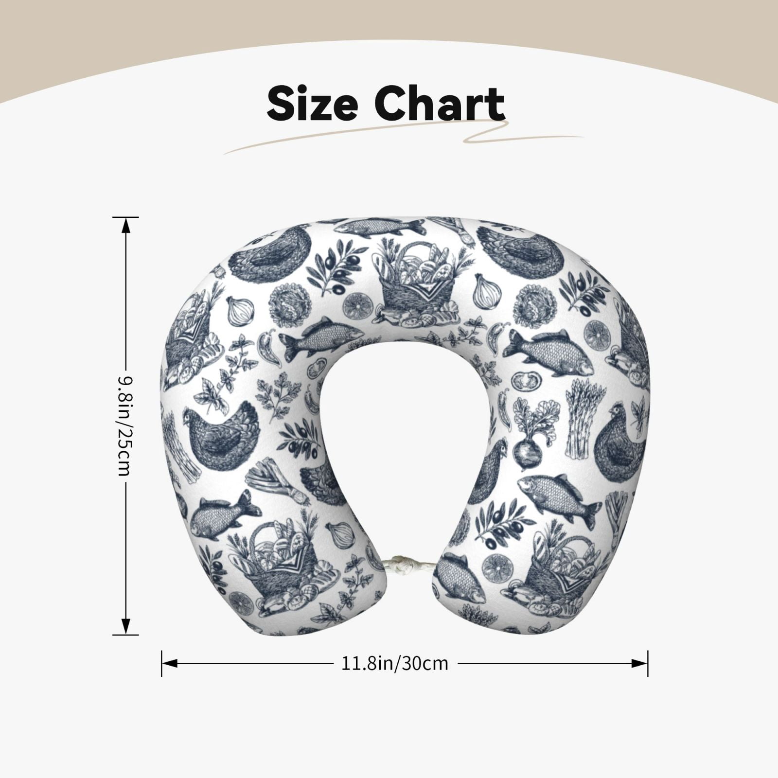 Xecao Chicken And Fish Print Memory Foam Cervical Neck Pillow Versatile U-Shaped Pillows for Home,Office,Camping,Travelling,Soft Washable Cover