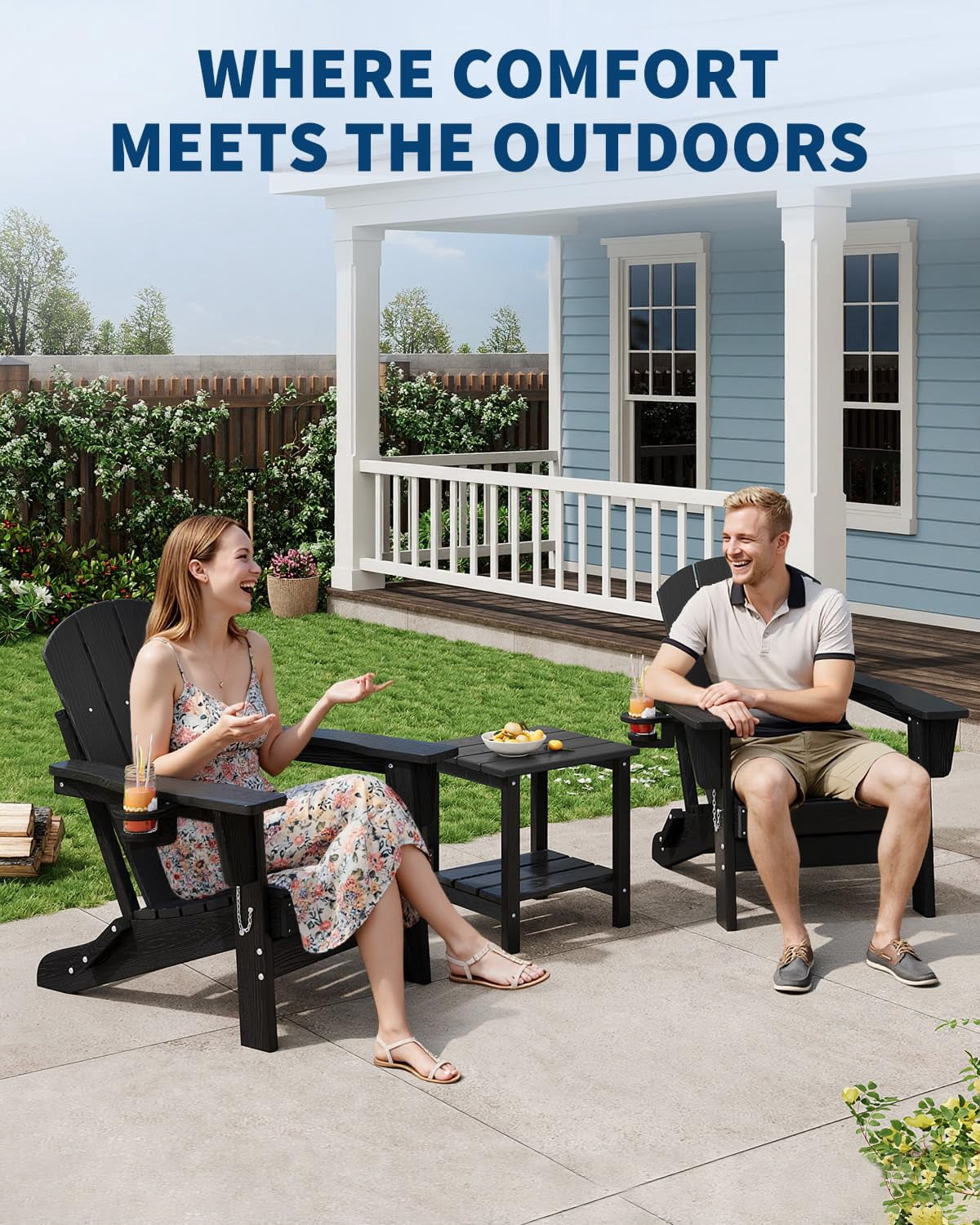 Folding Adirondack Patio Chair, All-Weather HDPE Outdoor Chair with Wooden Texture and Cup Holder, Weather Resistant, Lawn Chair for Garden, Deck, Fire Pit, Navy Blue
