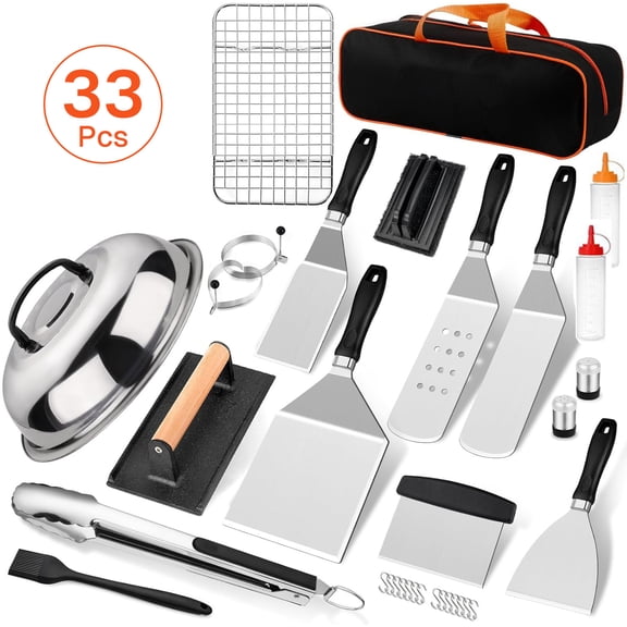 BN-LINK 33PCS Griddle Accessories Kit, Flat Top Grill Accessories with Enlarged Spatulas, Basting Cover, Burger Press and Scraper, Stainless Steel Griddle Tools for Outdoor Grilling BBQ