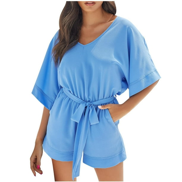 Dressy Jumpsuits for Women Short Sleeve One-Piece Short Rompers V Neck  Elastic Waist Belted Baggy Summer Shorts Overalls 