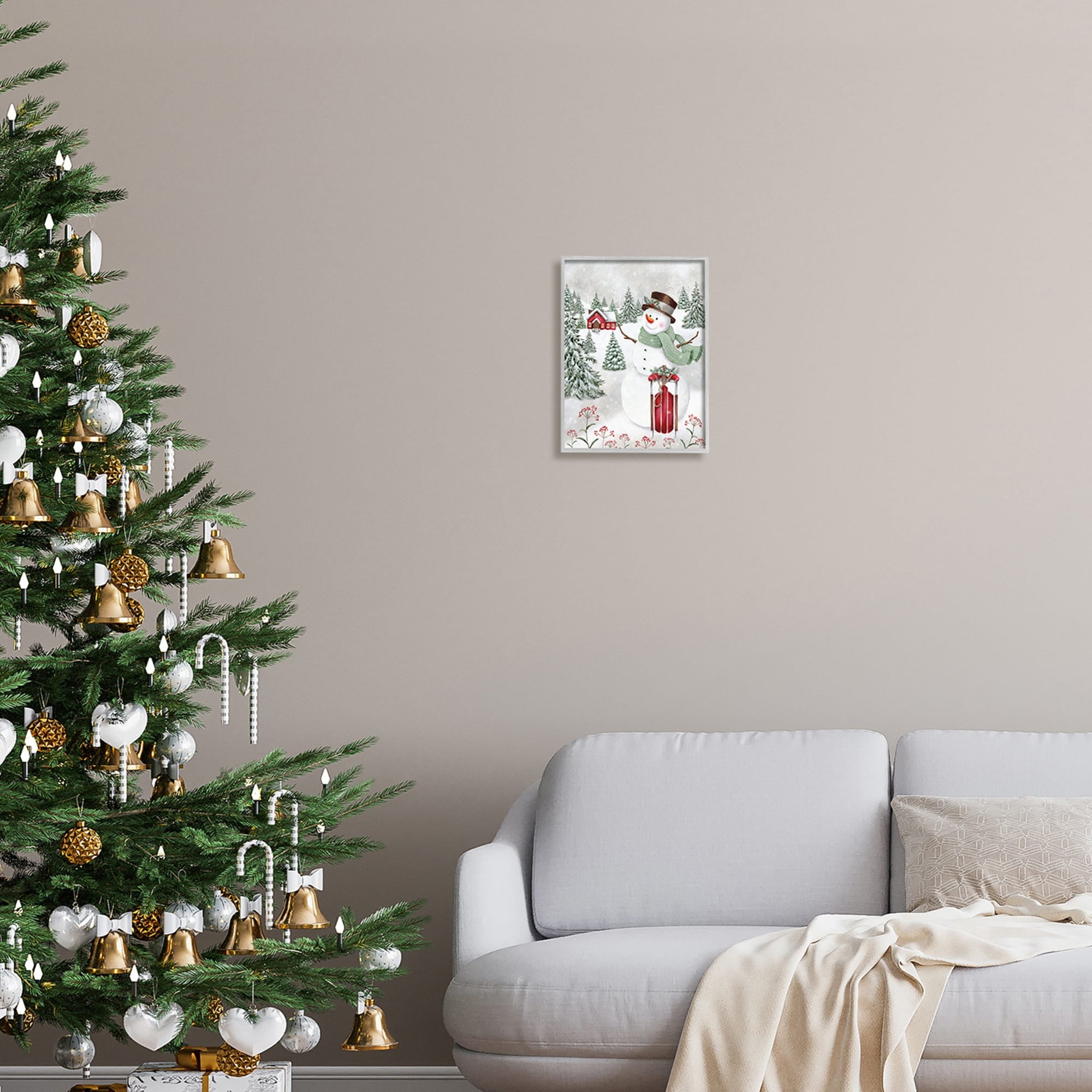 Cheerful Snowman Red Sleigh Sled Holly Botanicals Landscape Painting Framed Art Print Wall Art