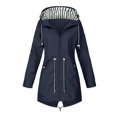 thumbnail image 6 of Solid Color Drawstring Waist Windbreaker for Women, Lightweight Hooded Zip-Up Rain Jacket with Striped Lining - Casual Outdoor Trench Coat Navy XL, 6 of 6