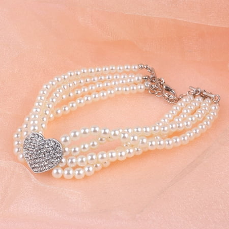 HOMEMAXS Pet Four Row Pearl Necklace Crystal Pandant Heart Pet Necklace Fashion Jewelry (White  Size )