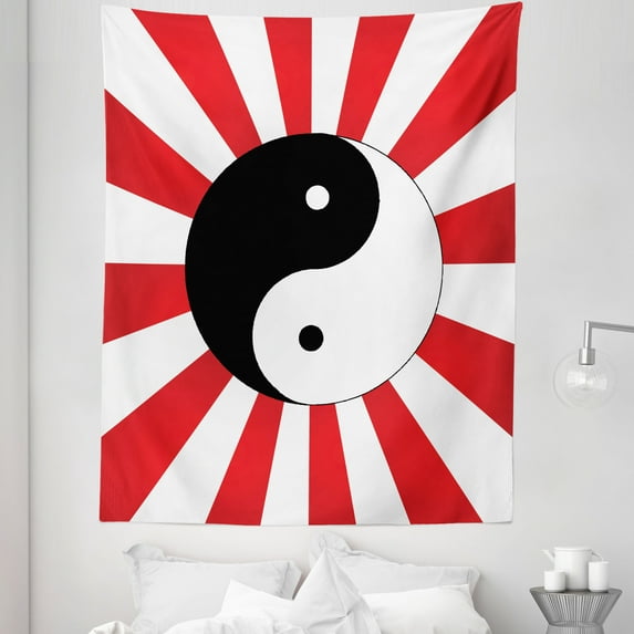 Ying Yang Tapestry, Traditional Themed Ying Yang on Chinese Rising Sun Burst Pattern Print, Fabric Wall Hanging Decor for Bedroom Living Room Dorm, 5 Sizes, Black White Red, by Ambesonne