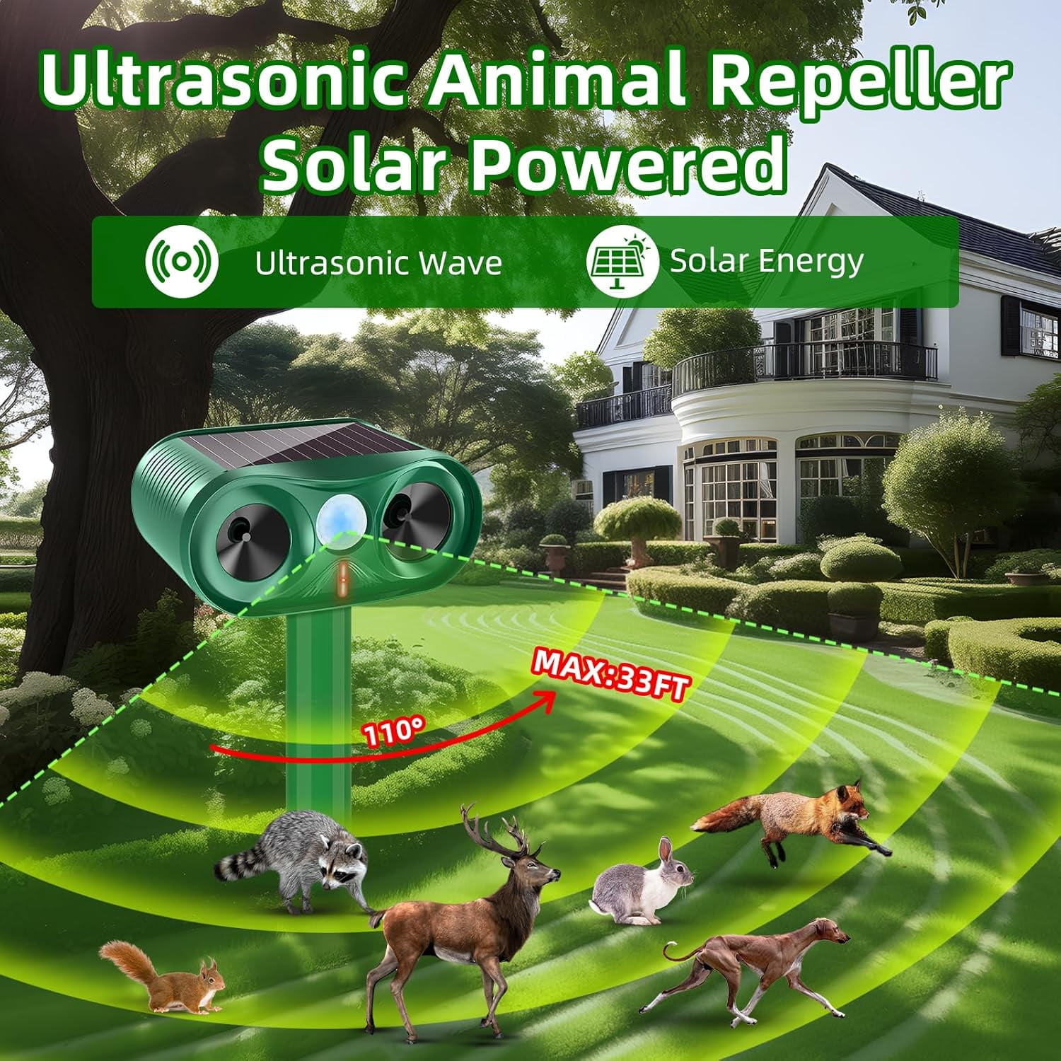 JINYI  Outdoor Solar Animal Repellent with Motion Sensors to Scare Off Coyote, Rabbit, Squirrel, 2 Pack