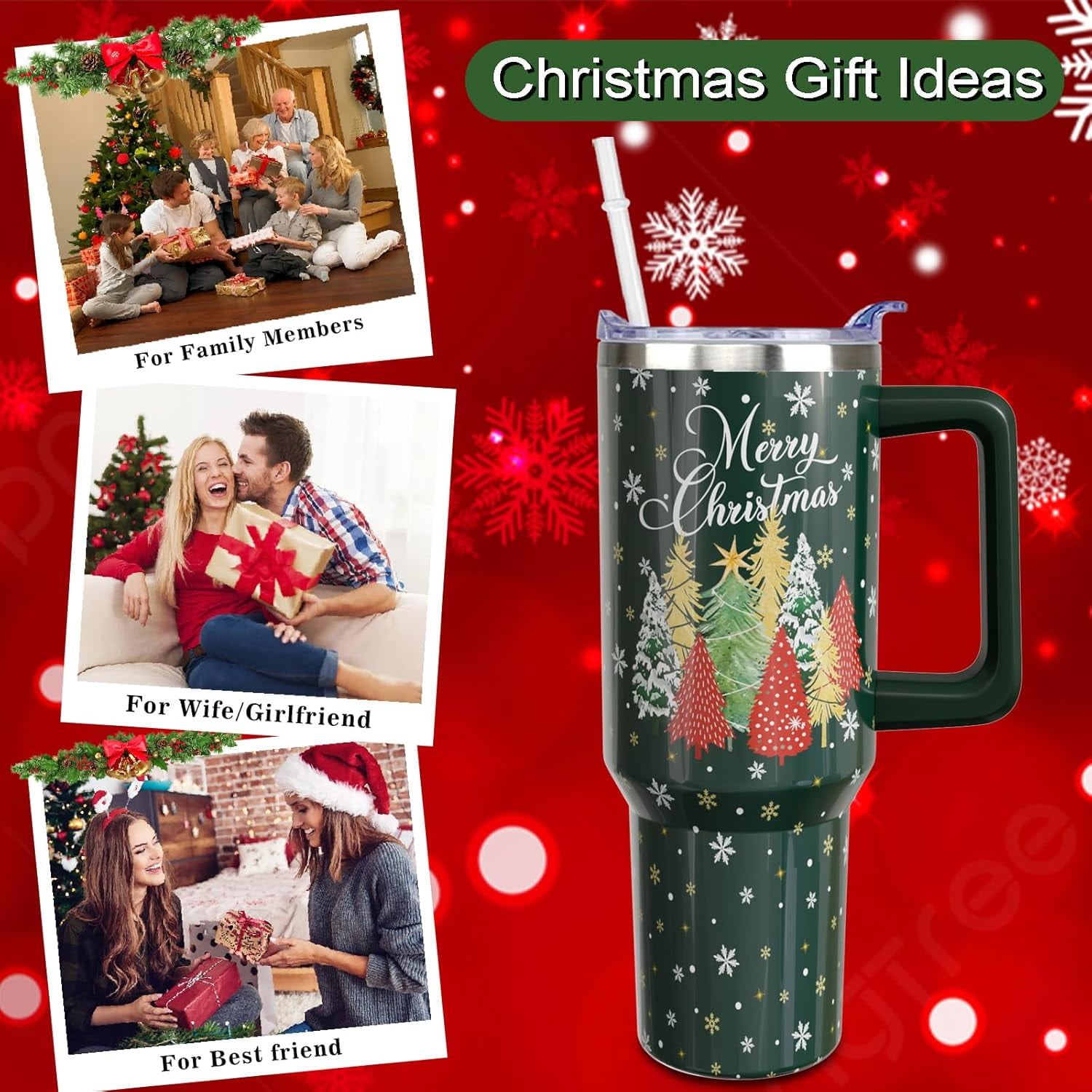 40oz Christmas Tumbler With Handle Lid and Straw, Stainless Steel Pink Xmas Snowman Insulated Coffee Cup, Christmas Gifts for Women/Mom/Daughter/Aunt/Girlfriend