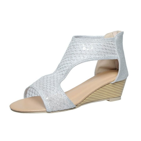 QYZEU Womens Boho Sandals Formal Sandals Zipper Mesh Casual Flat Sandals Open Toe Wedges Soft Bottom Breathable Shoes Sandals Lightweight Sandals Silver 42
