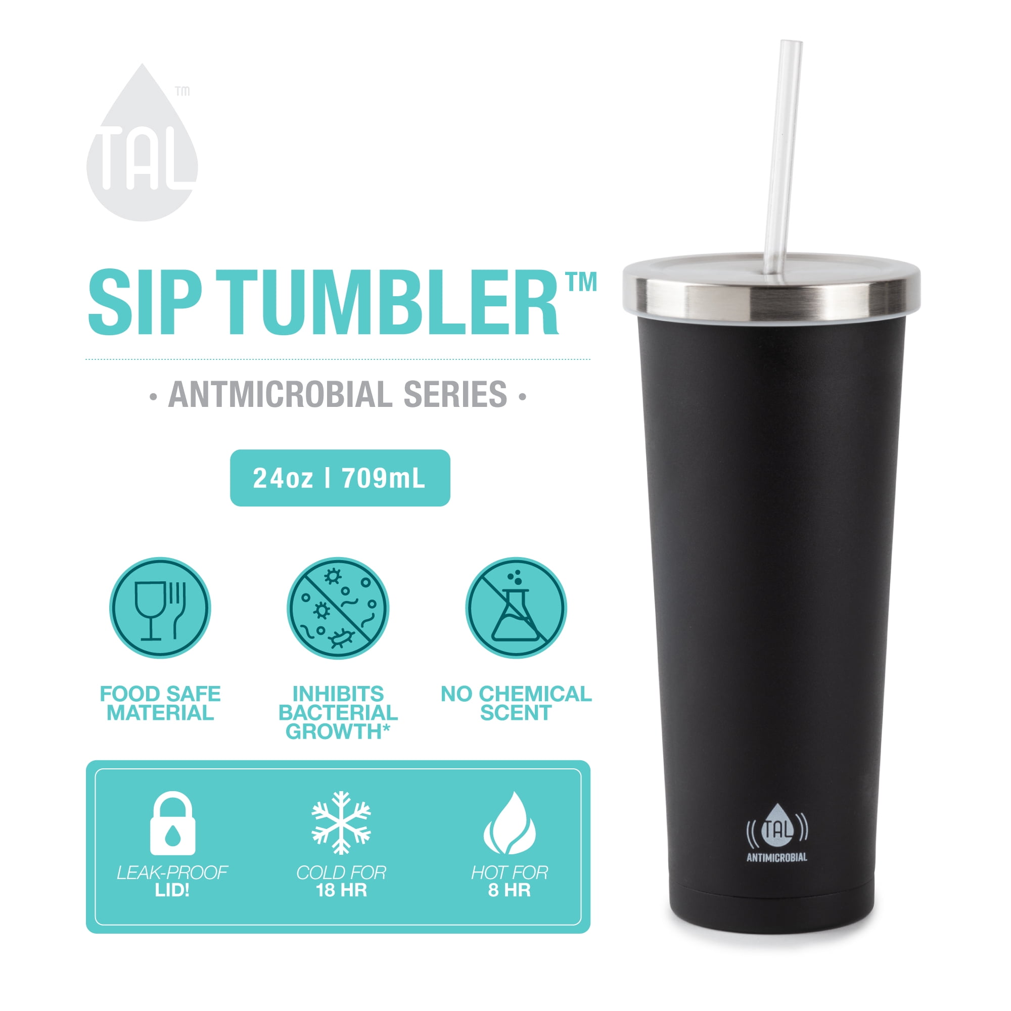 TAL Water Bottle Double Wall Stainless Steel Antimicrobial Sip Tumbler 24oz, Black