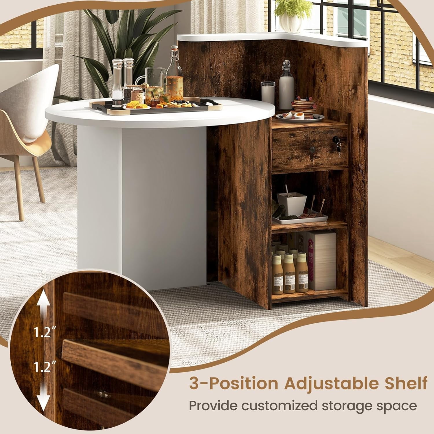 Reception Desk, Small Retail Checkout Counter with Lockable Drawer and Open Shelves, Wooden Front Desk Reception Counter, Oval Desktop & L Counter for Store Office Lobby Salon (Brown)