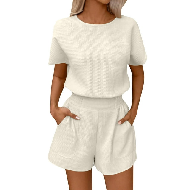 Two-Piece Set for Women, Round Neck Short Sleeve Top with Wide Leg Shorts, Polyester Casual Outfit, Solid Color, Spring Summer Wear, For Daily or Party