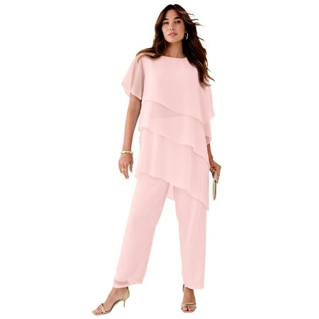 Roaman's Women's Plus Size Plus-Size 2 Piece Tierred Ruffle Top And Pant Set