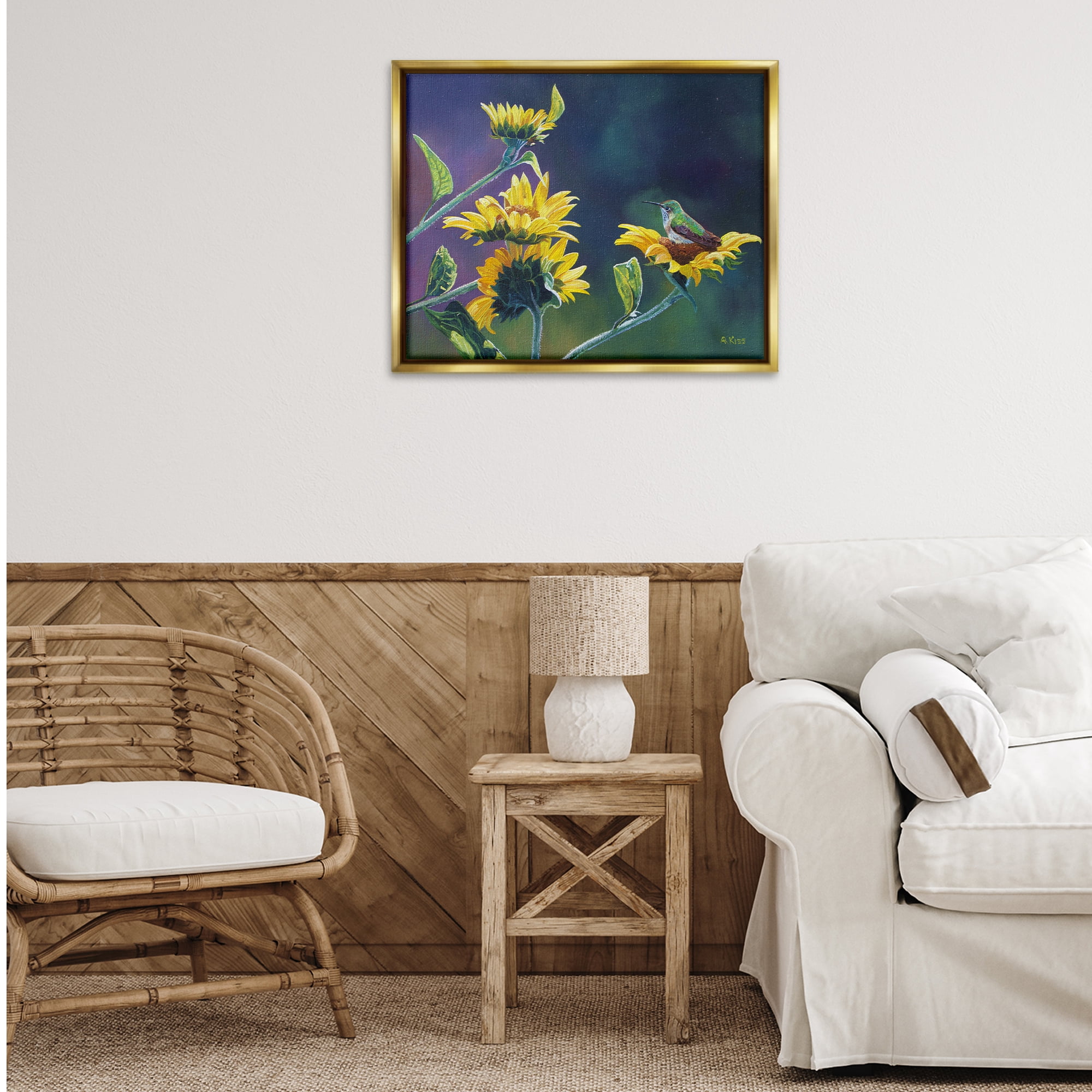 Stupell Industries Resting Birds on Sunflowers Plants & Flowers Painting Gold Floater Framed Canvas Art Print Wall Art, 31 x 25