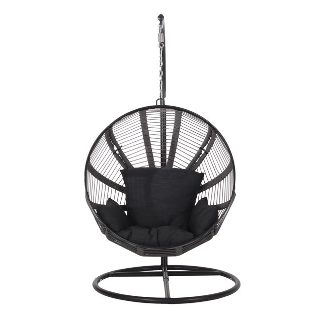 Kimberly Outdoor Rope Weave Hanging Chair with Stand, Gray and Black